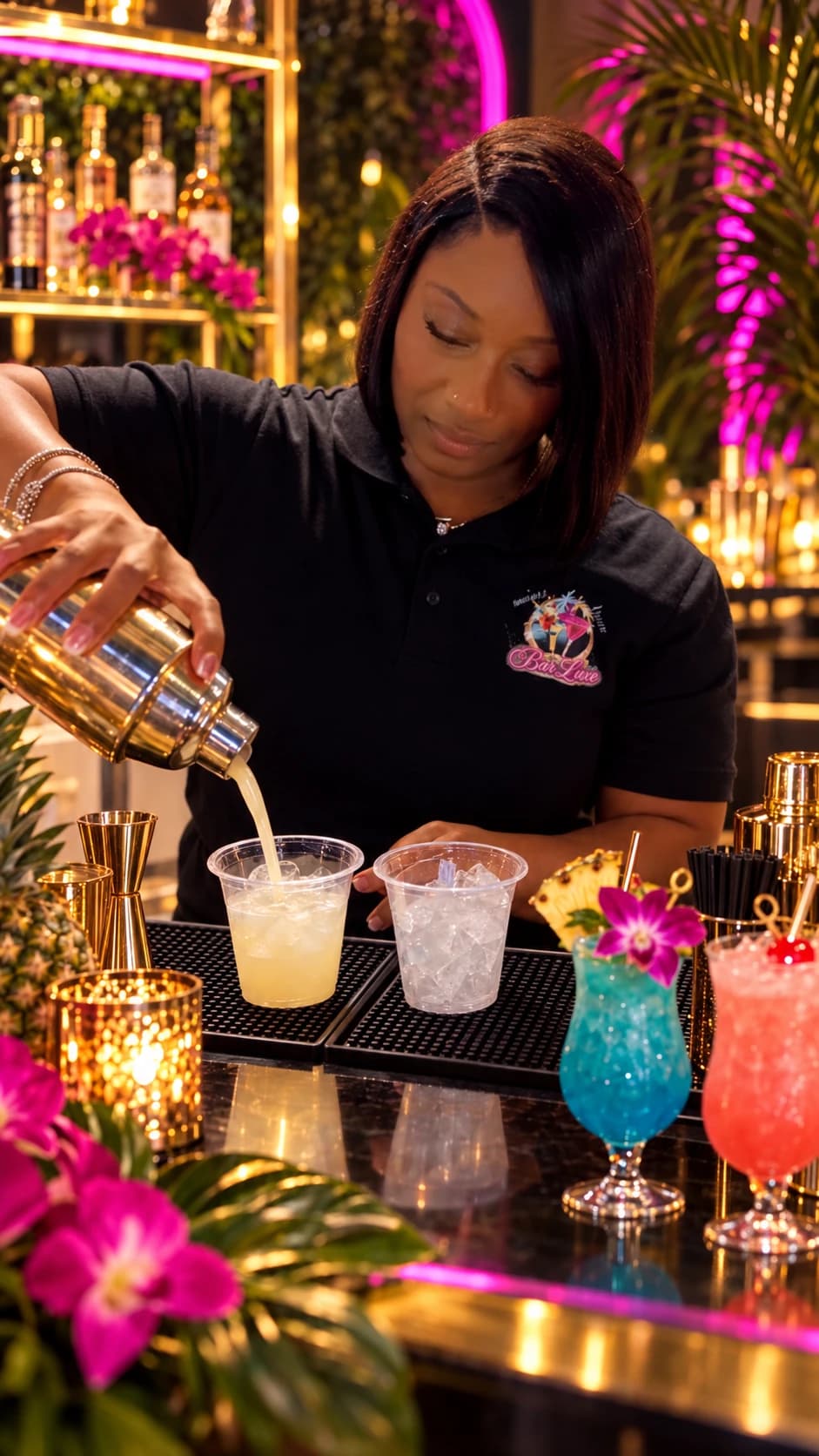 BigCee pouring a pale cocktail from a gold shaker