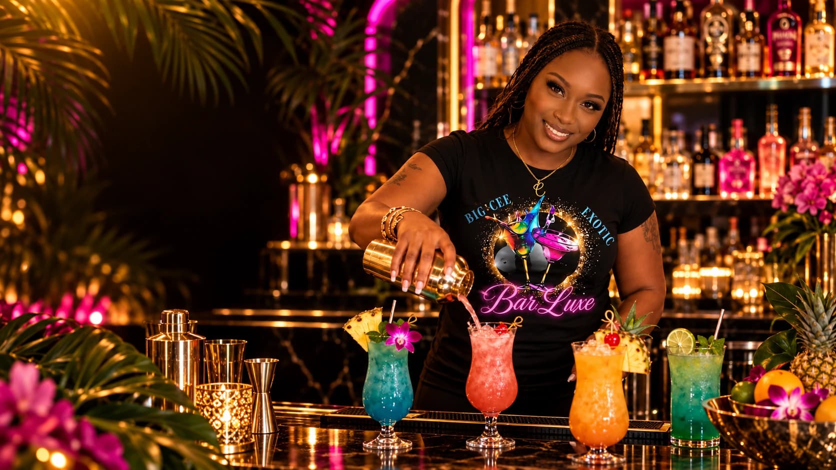 BigCee pouring signature cocktails at her tropical BarLuxe bar