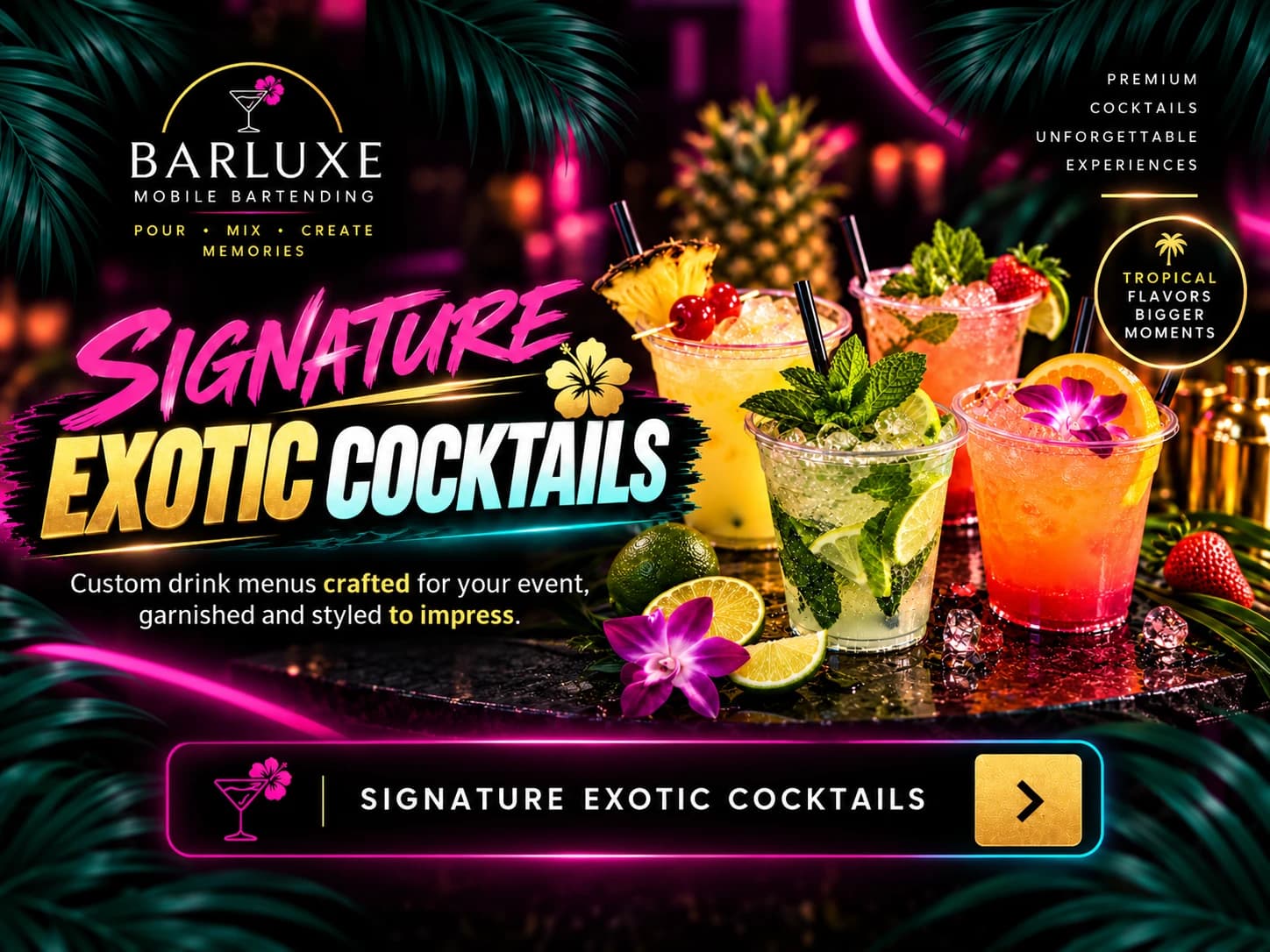 BarLuxe signature exotic cocktails promotional artwork