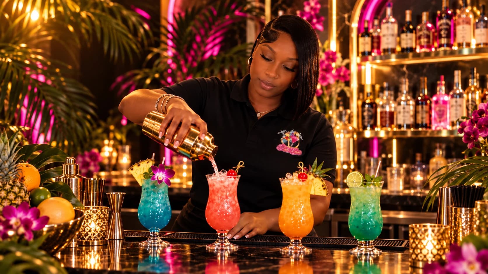 BigCee preparing colorful cocktails behind the bar