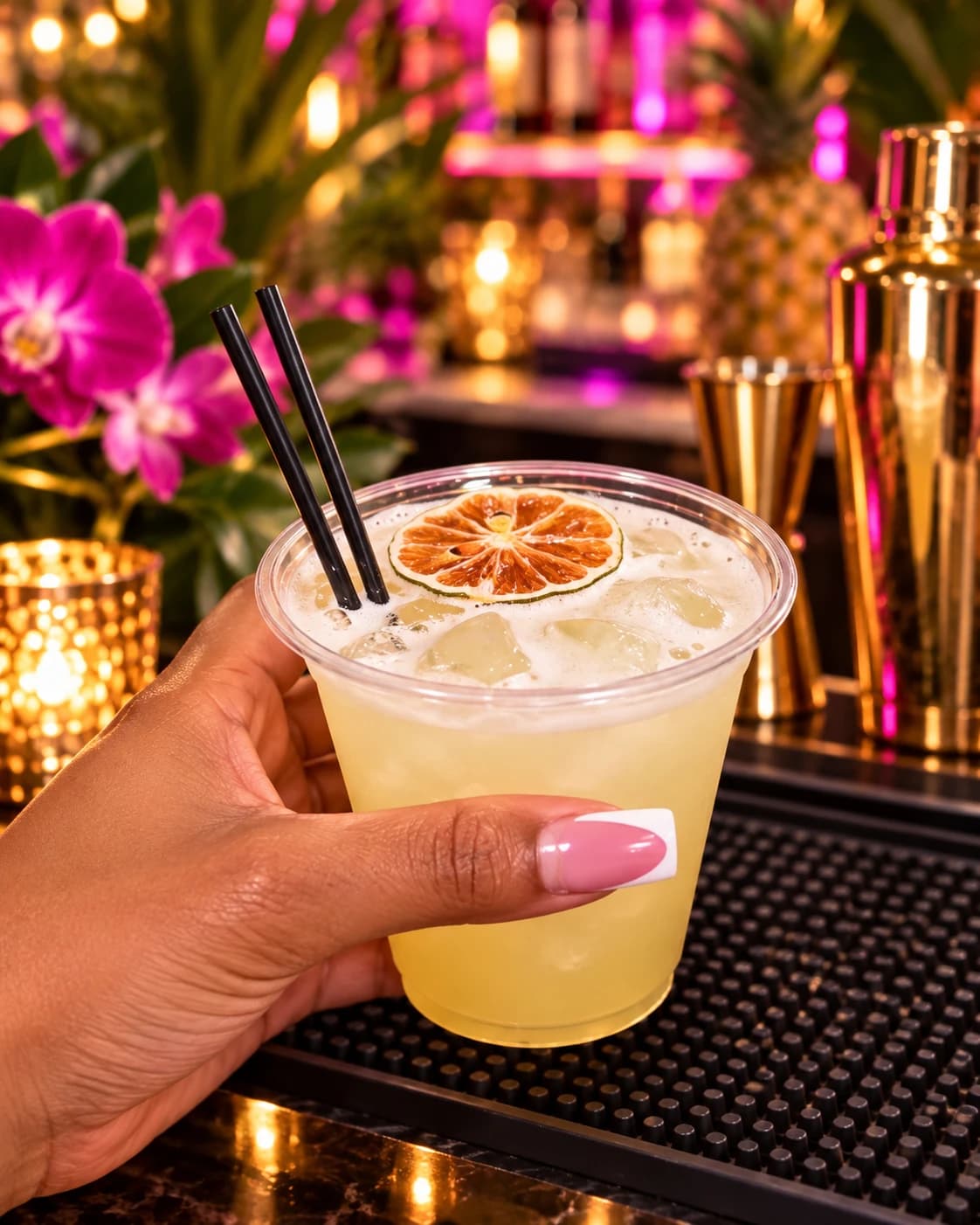 Pale citrus cocktail garnished with a dried citrus wheel