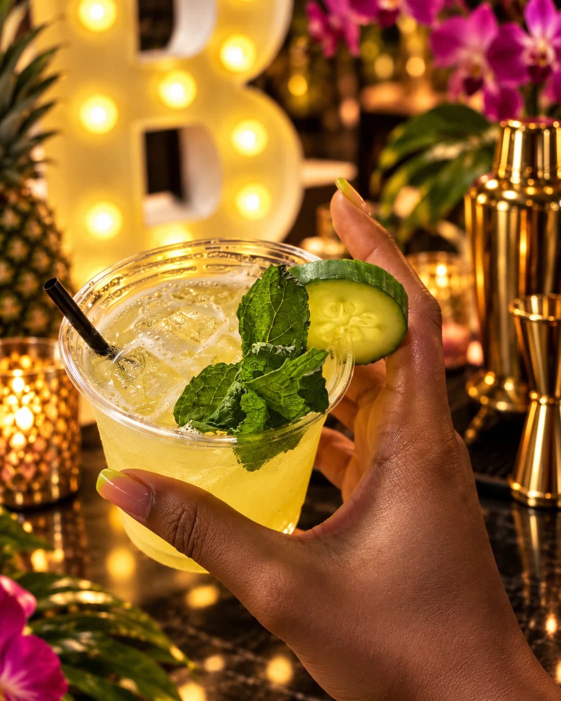 Yellow cocktail garnished with cucumber and mint
