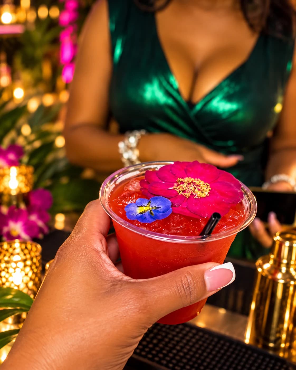 Red cocktail topped with pink and purple flowers