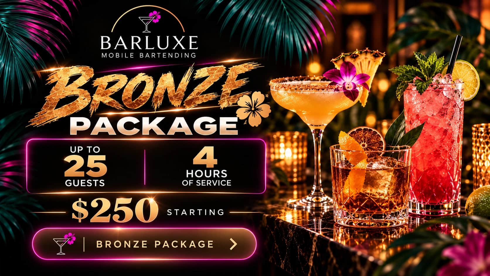 Bronze package: Up to 25 guests, 4 hours, $250 starting