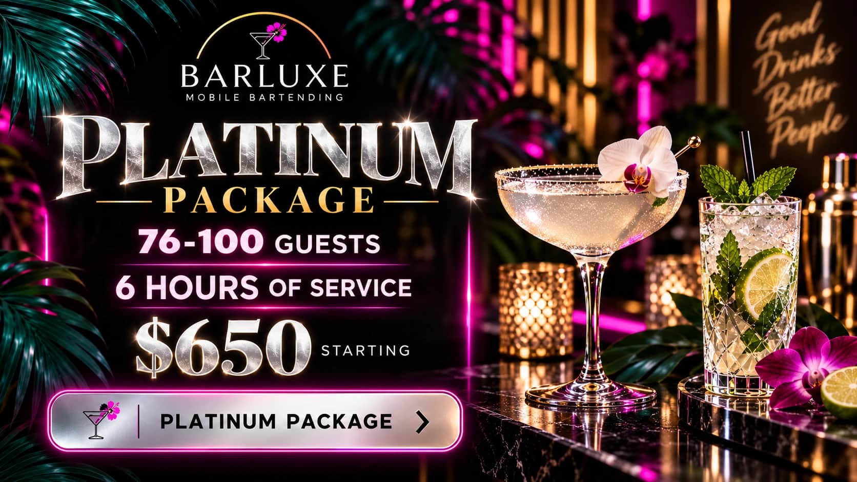Platinum package: 76–100 guests, 6 hours, $650 starting