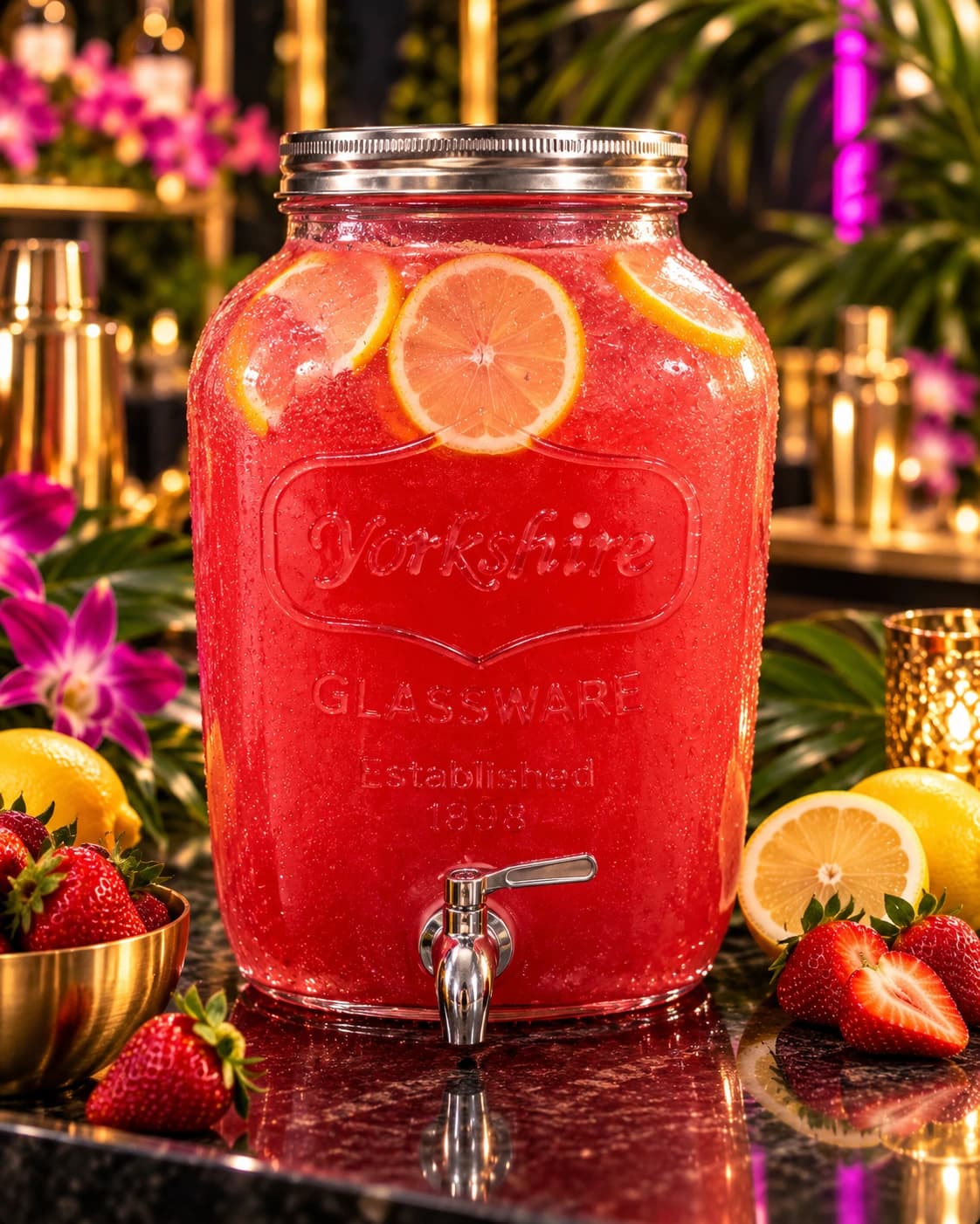 Strawberry and citrus drink dispenser surrounded by fresh fruit