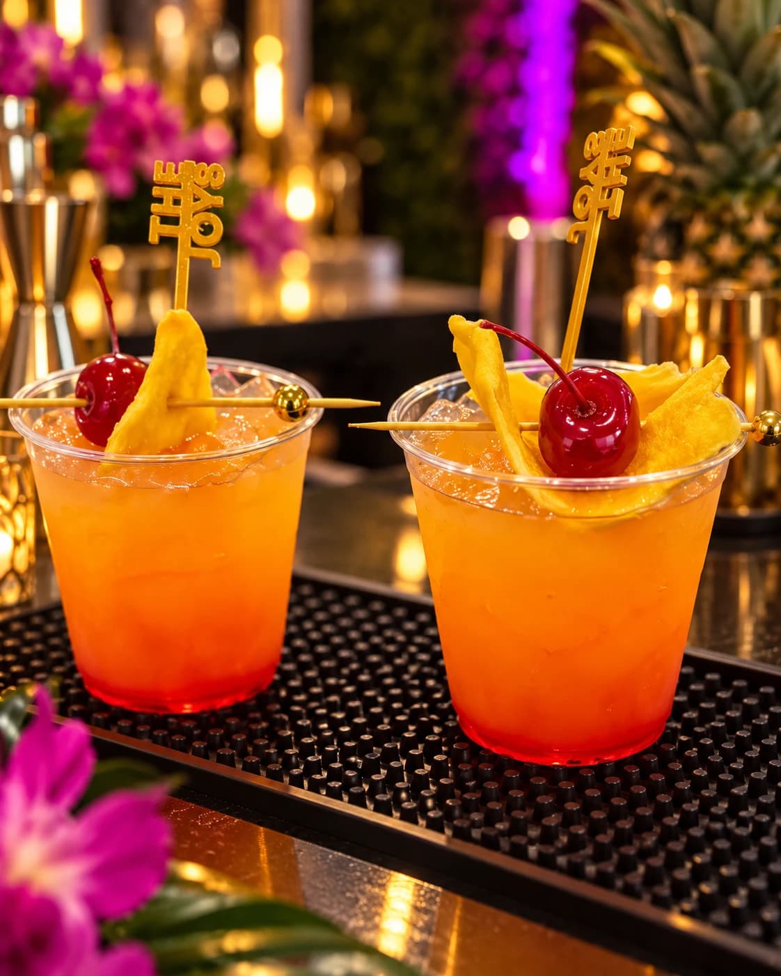 Wedding cocktails with gold THE JOYS toppers
